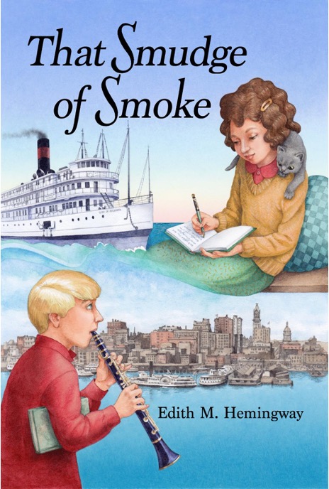 A cover for the book "That Smudge of Smoke" three images, a steamboat, a little girl writing, and a young man playing a woodwind instrument against a waterside backdrop blend together to form a lively children's book cover.